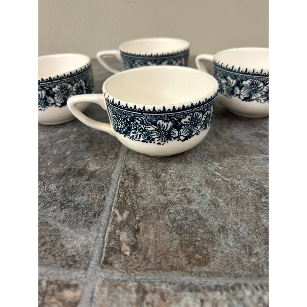 Vintage USA Blue White Floral Ceramic Coffee Tea Cups Set of 4